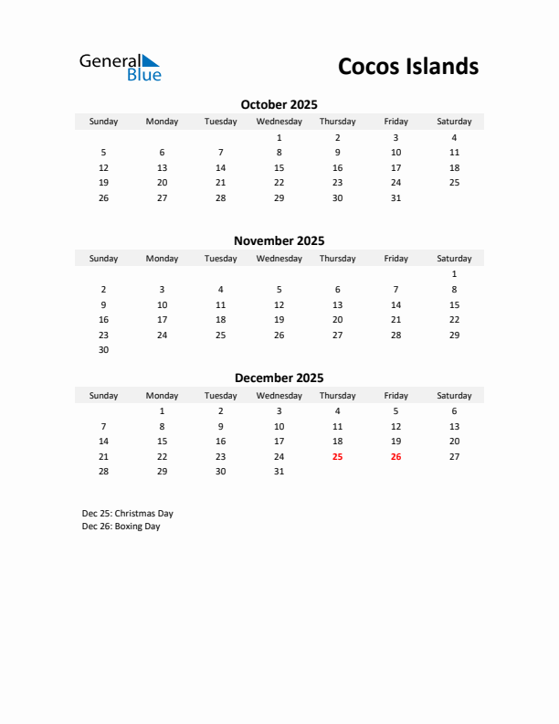 Printable Quarterly Calendar with Notes and Cocos Islands Holidays- Q4 of 2025