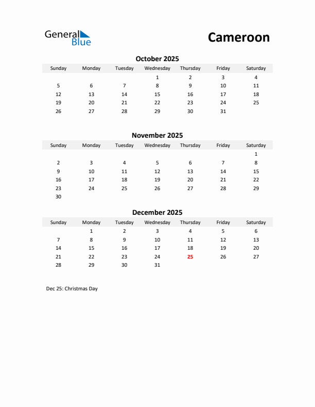 Printable Quarterly Calendar with Notes and Cameroon Holidays- Q4 of 2025