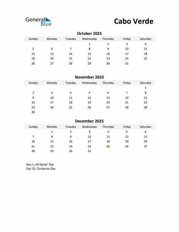 Printable Quarterly Calendar with Notes and Cabo Verde Holidays- Q4 of 2025