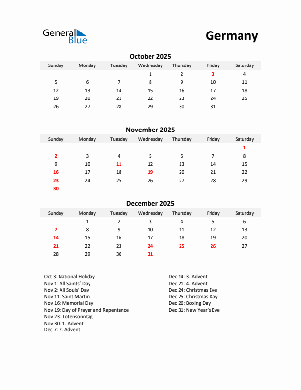 Printable Quarterly Calendar with Notes and Germany Holidays- Q4 of 2025