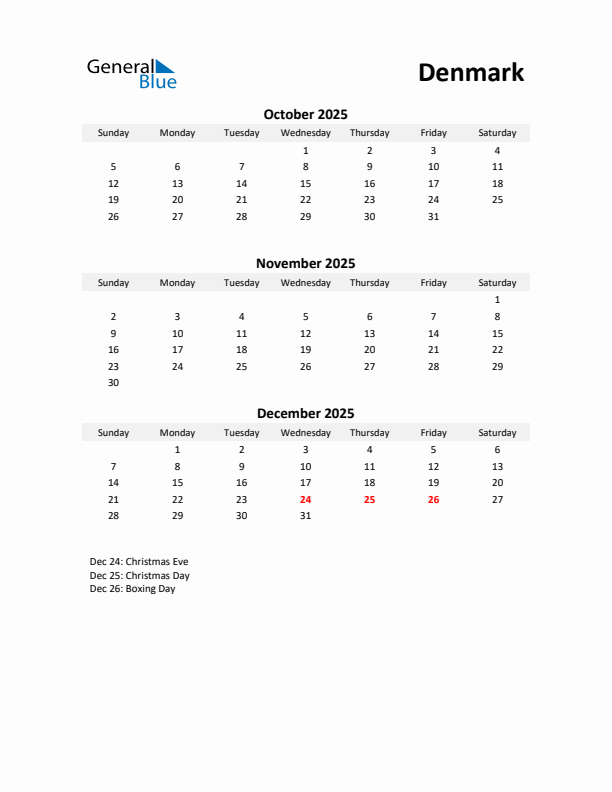 Printable Quarterly Calendar with Notes and Denmark Holidays- Q4 of 2025