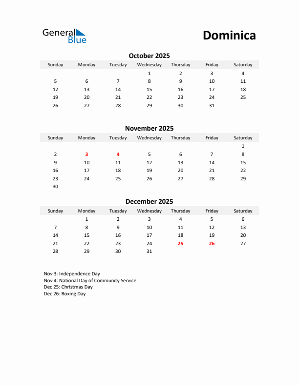 Printable Quarterly Calendar with Notes and Dominica Holidays- Q4 of 2025