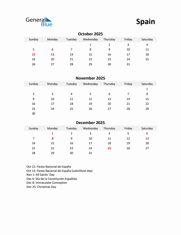 Printable Quarterly Calendar with Notes and Spain Holidays- Q4 of 2025