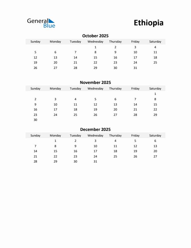 Printable Quarterly Calendar with Notes and Ethiopia Holidays- Q4 of 2025