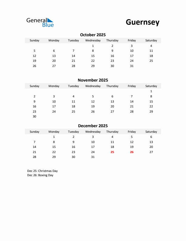 Printable Quarterly Calendar with Notes and Guernsey Holidays- Q4 of 2025