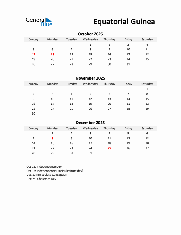 Printable Quarterly Calendar with Notes and Equatorial Guinea Holidays- Q4 of 2025