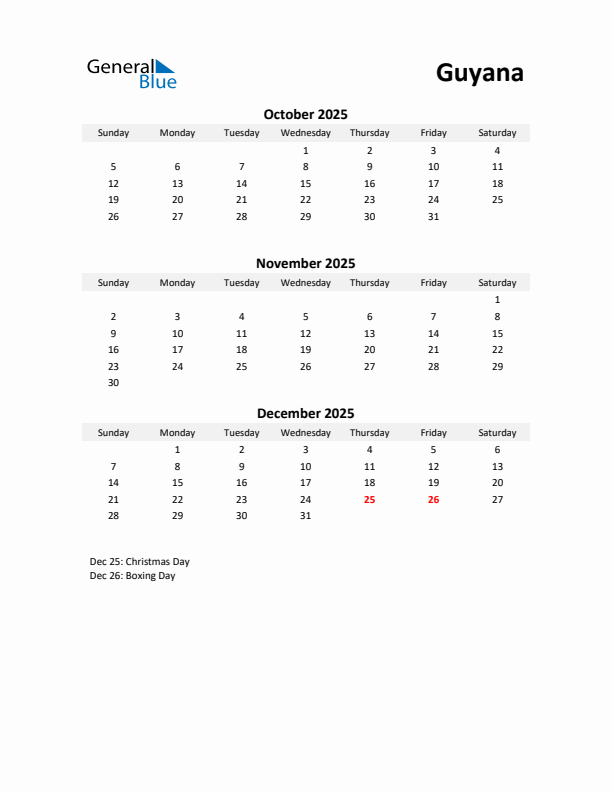 Printable Quarterly Calendar with Notes and Guyana Holidays- Q4 of 2025