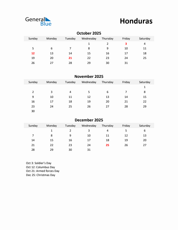 Printable Quarterly Calendar with Notes and Honduras Holidays- Q4 of 2025