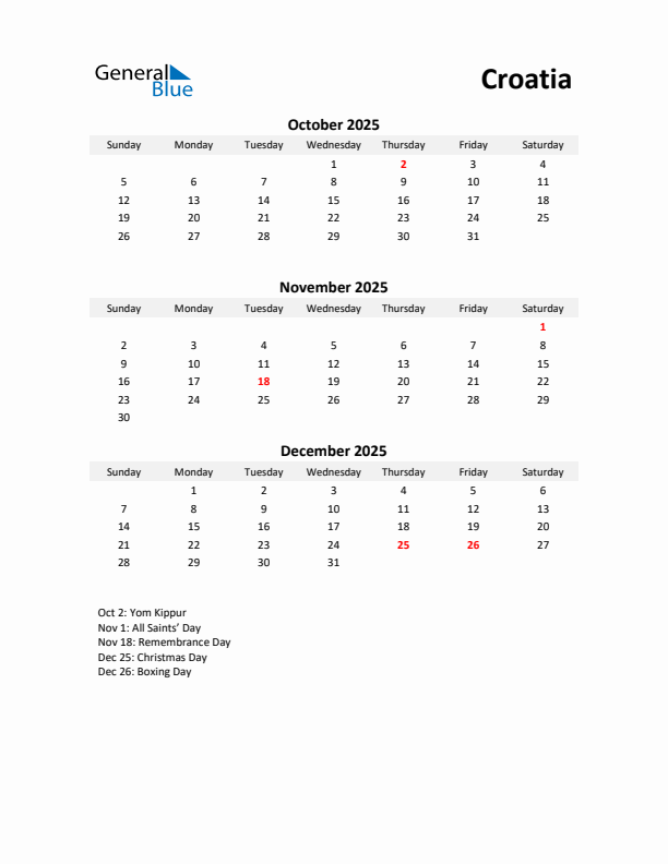 Printable Quarterly Calendar with Notes and Croatia Holidays- Q4 of 2025