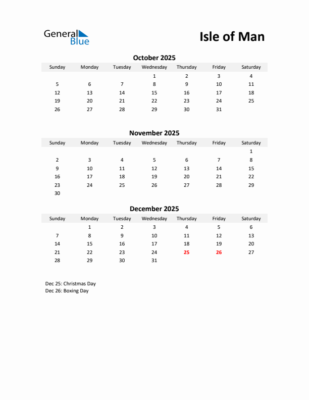 Printable Quarterly Calendar with Notes and Isle of Man Holidays- Q4 of 2025