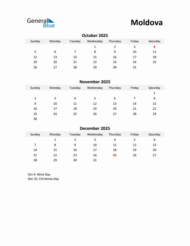 Printable Quarterly Calendar with Notes and Moldova Holidays- Q4 of 2025