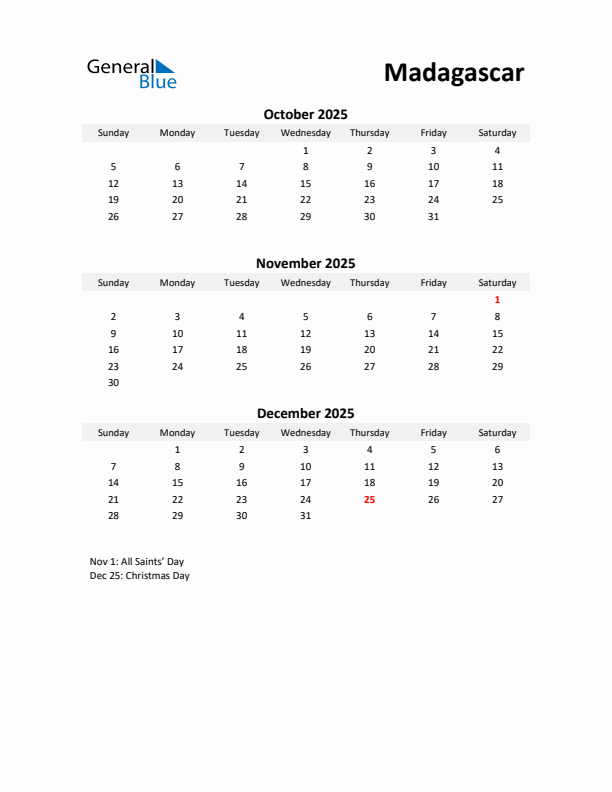 Printable Quarterly Calendar with Notes and Madagascar Holidays- Q4 of 2025