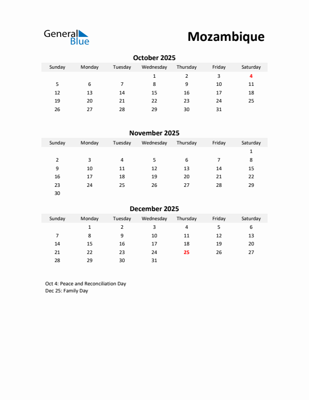 Printable Quarterly Calendar with Notes and Mozambique Holidays- Q4 of 2025