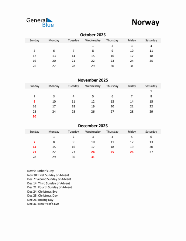 Printable Quarterly Calendar with Notes and Norway Holidays- Q4 of 2025