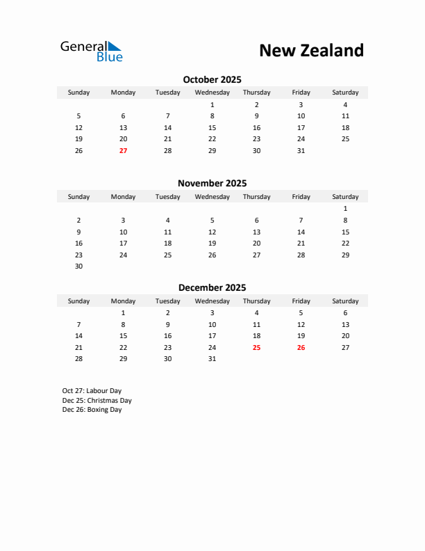 Printable Quarterly Calendar with Notes and New Zealand Holidays- Q4 of 2025