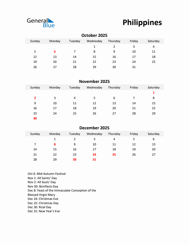 Printable Quarterly Calendar with Notes and Philippines Holidays- Q4 of 2025