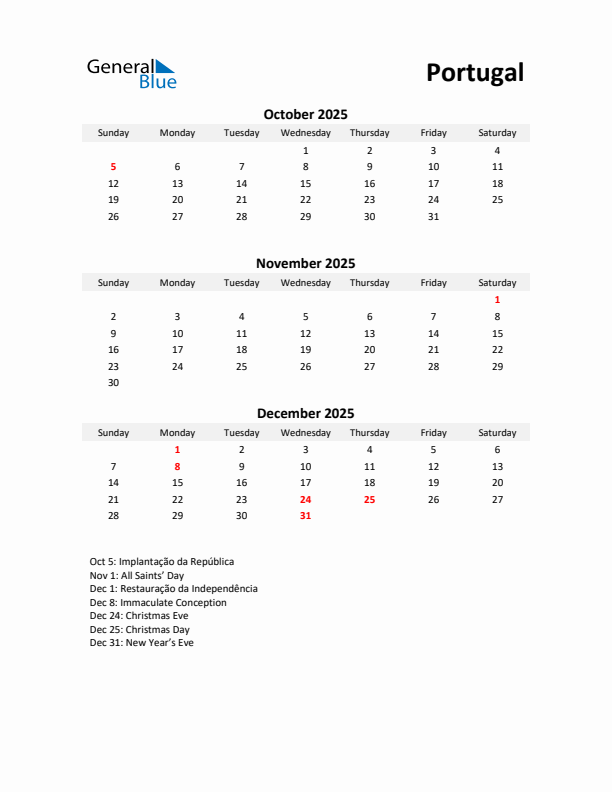 Printable Quarterly Calendar with Notes and Portugal Holidays- Q4 of 2025