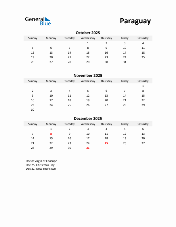 Printable Quarterly Calendar with Notes and Paraguay Holidays- Q4 of 2025