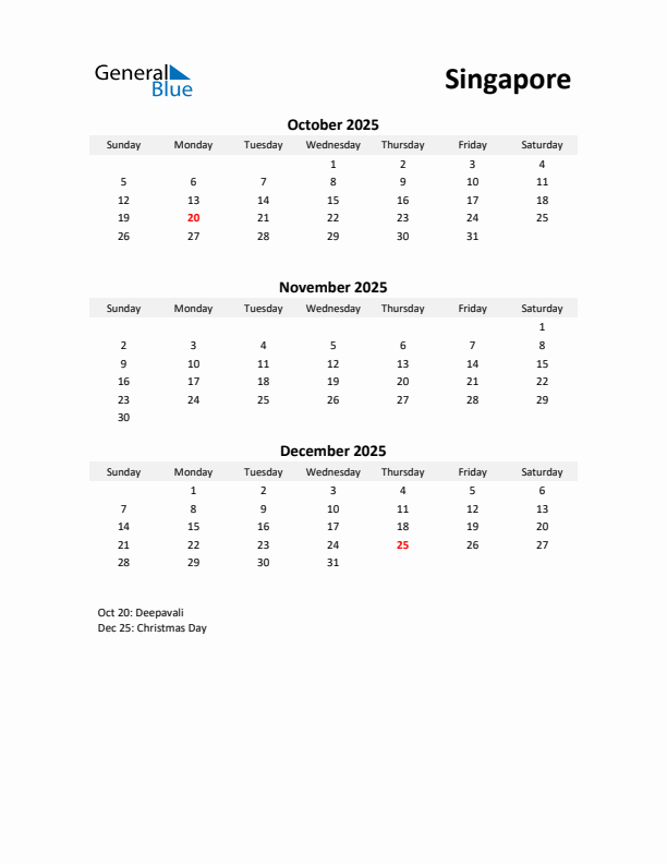 Printable Quarterly Calendar with Notes and Singapore Holidays- Q4 of 2025