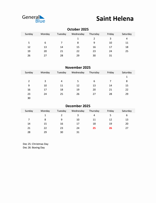 Printable Quarterly Calendar with Notes and Saint Helena Holidays- Q4 of 2025