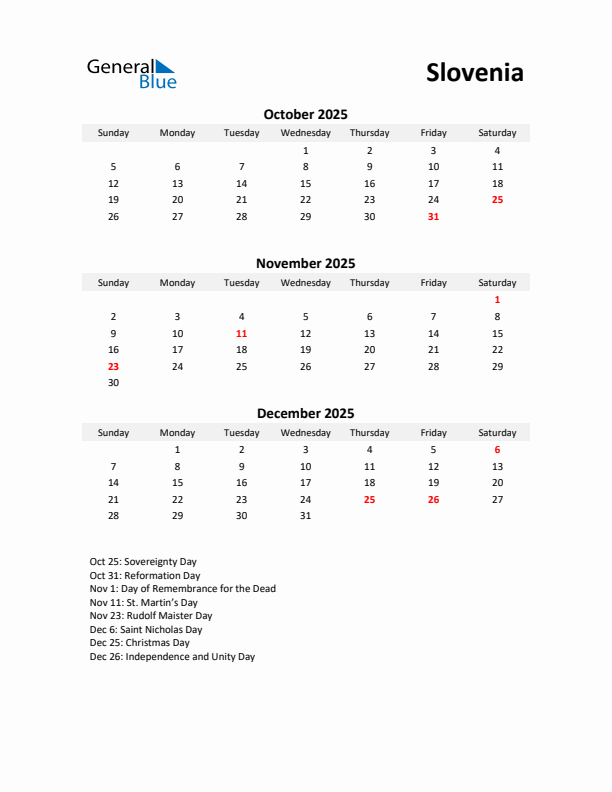 Printable Quarterly Calendar with Notes and Slovenia Holidays- Q4 of 2025