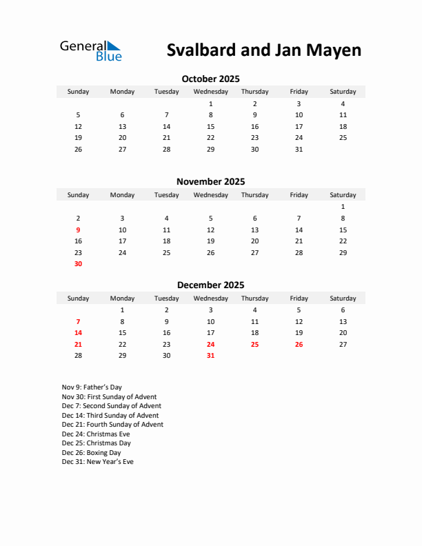 Printable Quarterly Calendar with Notes and Svalbard and Jan Mayen Holidays- Q4 of 2025