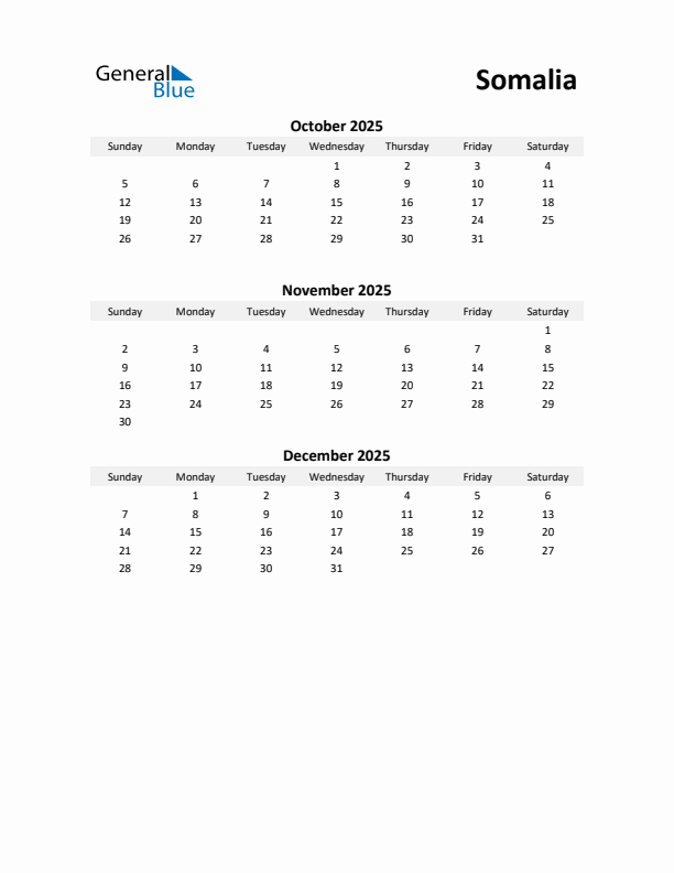 Printable Quarterly Calendar with Notes and Somalia Holidays- Q4 of 2025