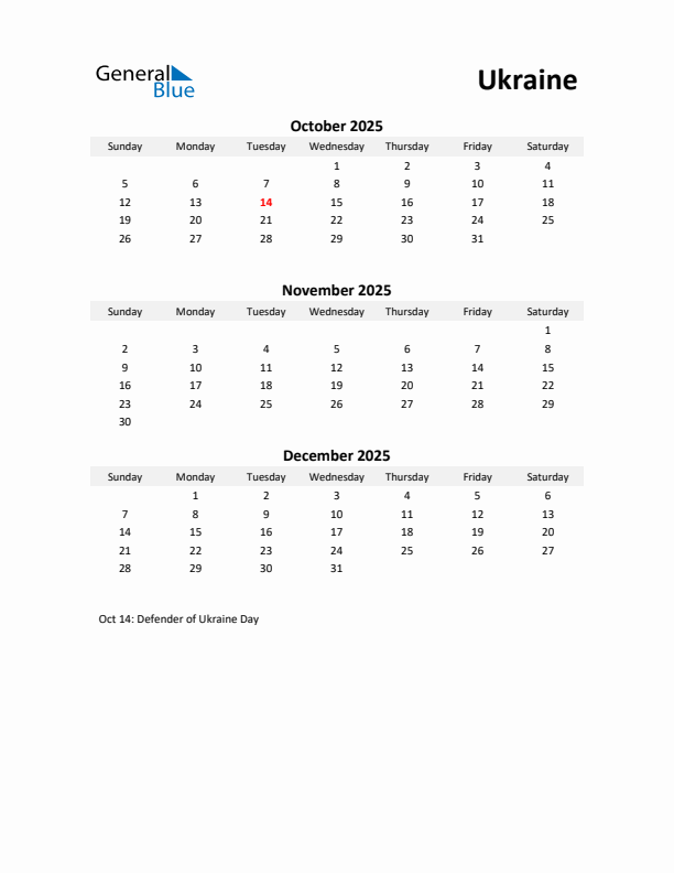 Printable Quarterly Calendar with Notes and Ukraine Holidays- Q4 of 2025