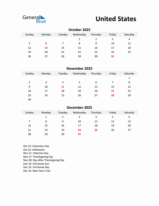 Printable Quarterly Calendar with Notes and United States Holidays- Q4 of 2025