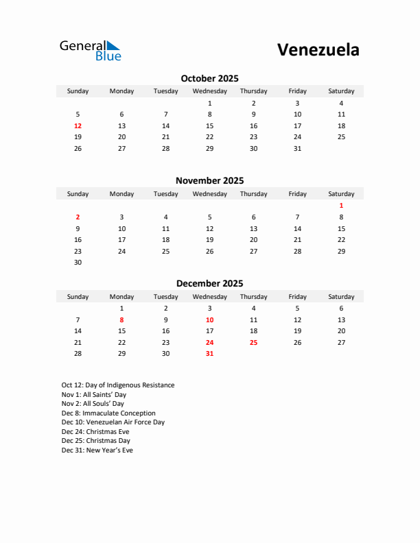 Printable Quarterly Calendar with Notes and Venezuela Holidays- Q4 of 2025