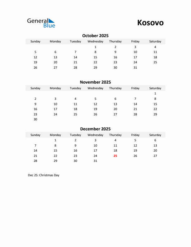 Printable Quarterly Calendar with Notes and Kosovo Holidays- Q4 of 2025