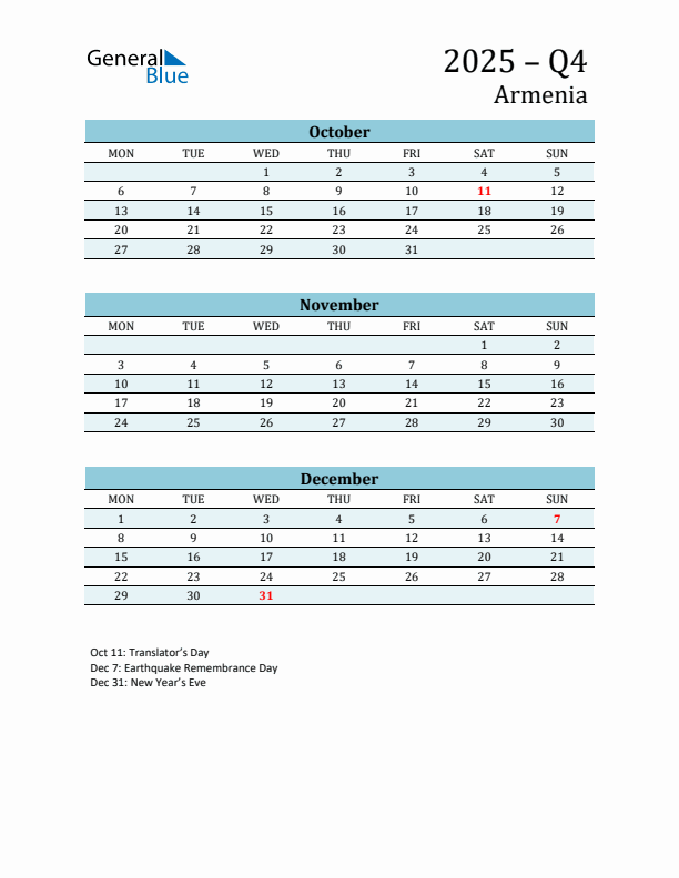 Three-Month Planner for Q4 2025 with Holidays - Armenia