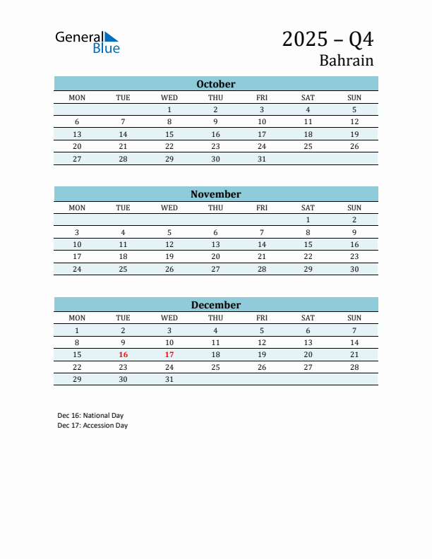 Three-Month Planner for Q4 2025 with Holidays - Bahrain