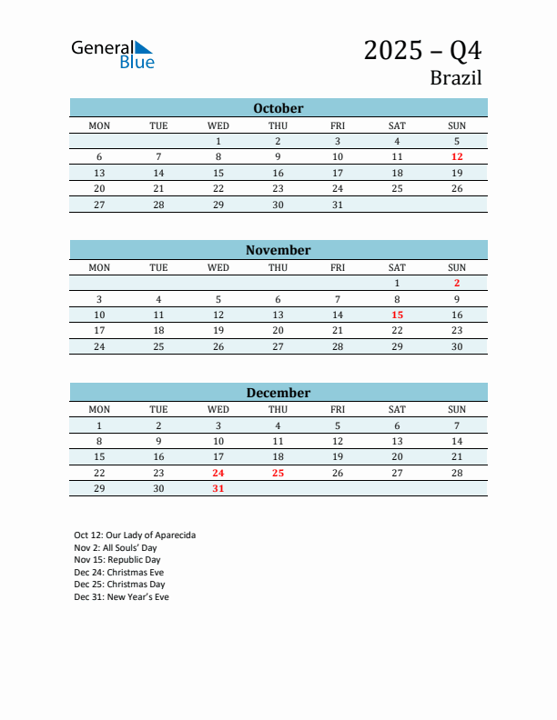 Three-Month Planner for Q4 2025 with Holidays - Brazil