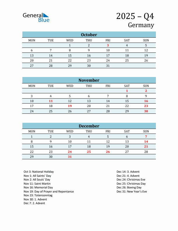 Three-Month Planner for Q4 2025 with Holidays - Germany