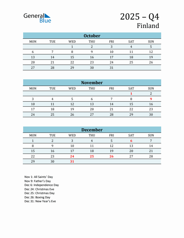 Three-Month Planner for Q4 2025 with Holidays - Finland