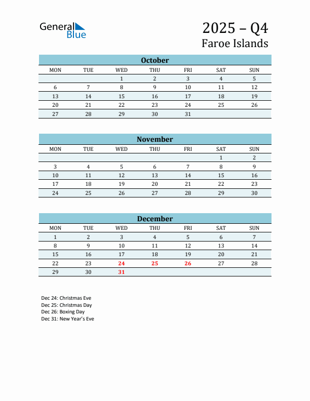 Three-Month Planner for Q4 2025 with Holidays - Faroe Islands