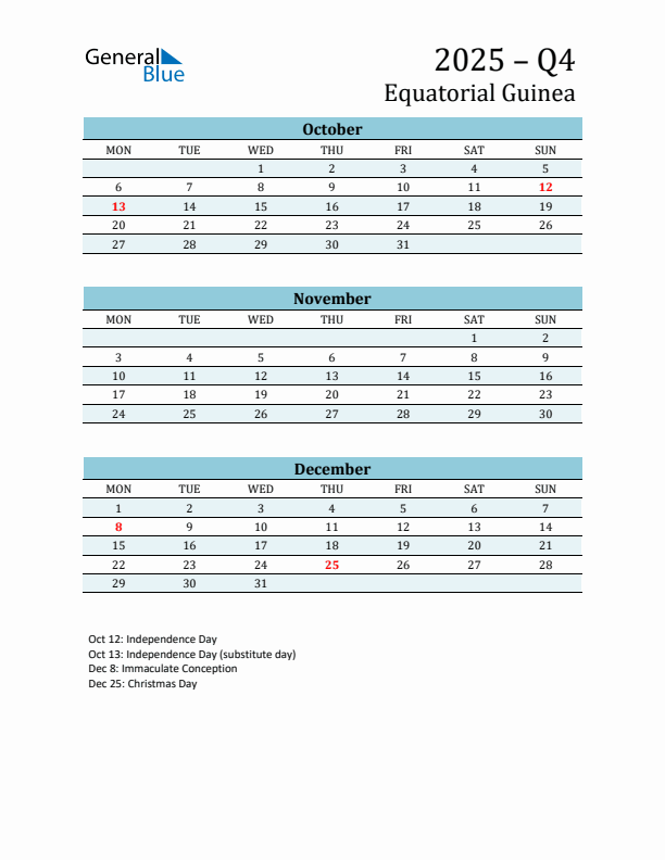 Three-Month Planner for Q4 2025 with Holidays - Equatorial Guinea