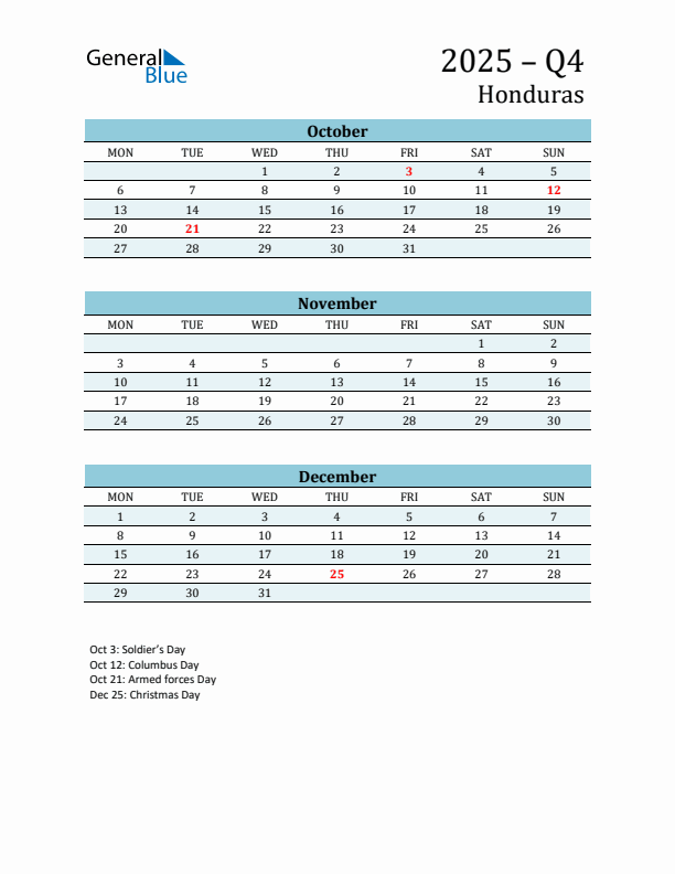 Three-Month Planner for Q4 2025 with Holidays - Honduras