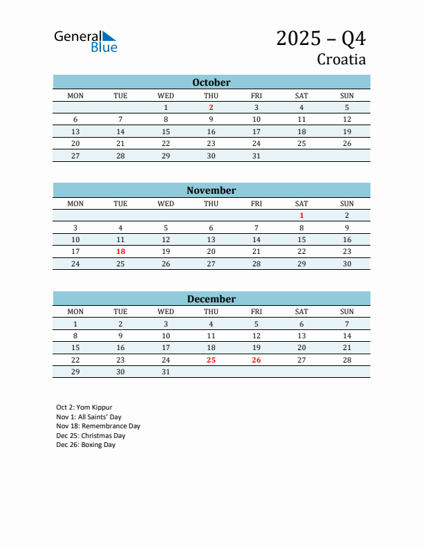 Three-Month Planner for Q4 2025 with Holidays - Croatia