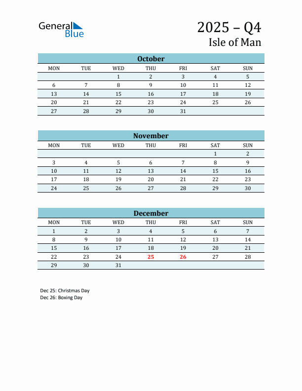 Three-Month Planner for Q4 2025 with Holidays - Isle of Man