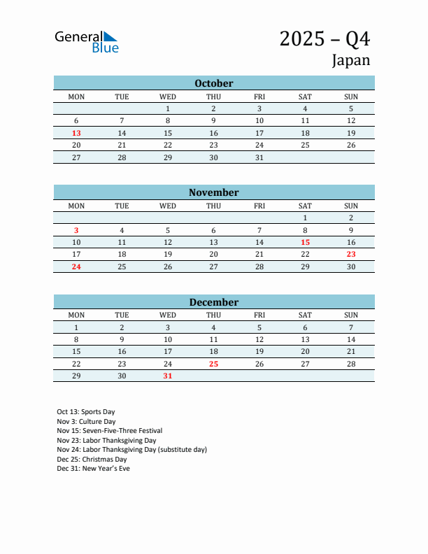 Three-Month Planner for Q4 2025 with Holidays - Japan