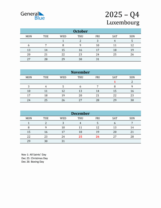 Three-Month Planner for Q4 2025 with Holidays - Luxembourg