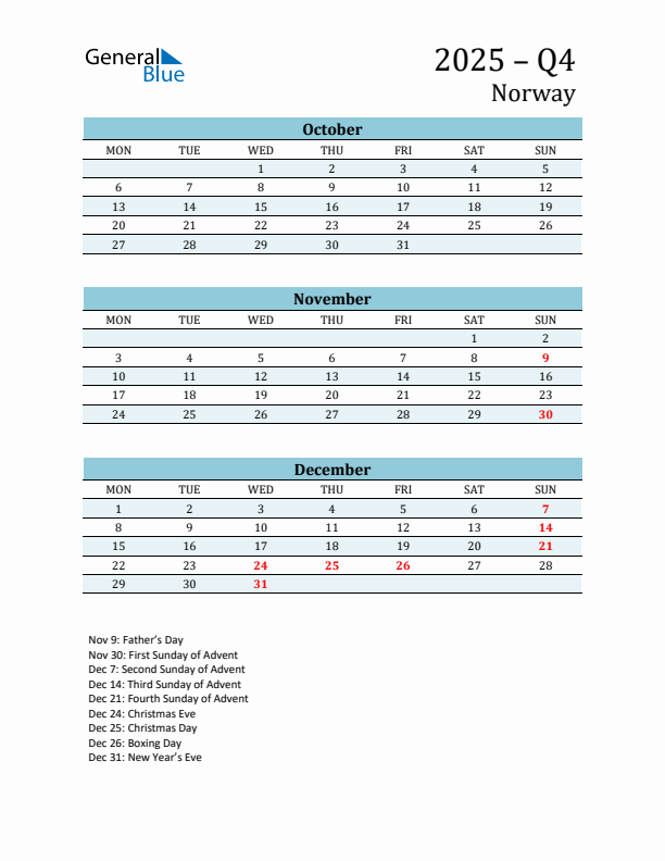 Three-Month Planner for Q4 2025 with Holidays - Norway