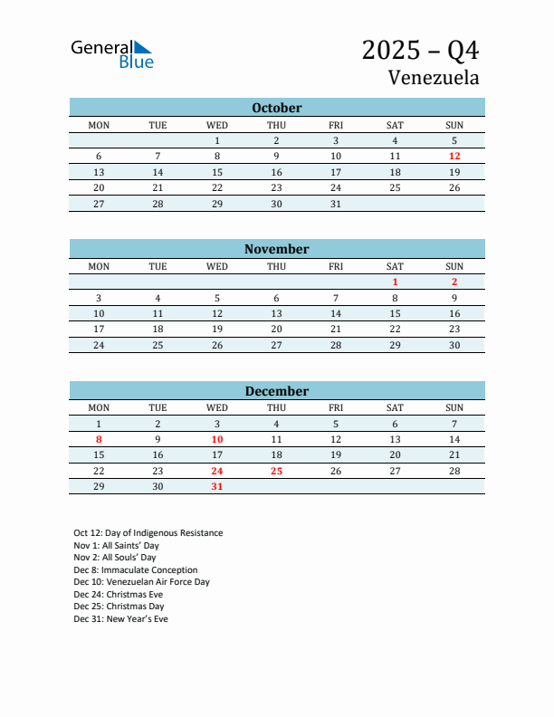 Three-Month Planner for Q4 2025 with Holidays - Venezuela