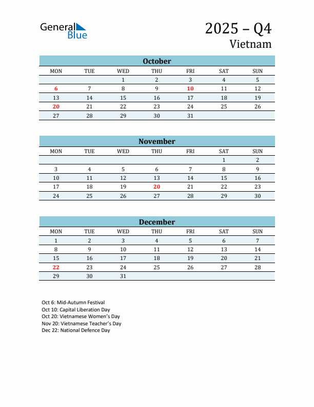 Three-Month Planner for Q4 2025 with Holidays - Vietnam