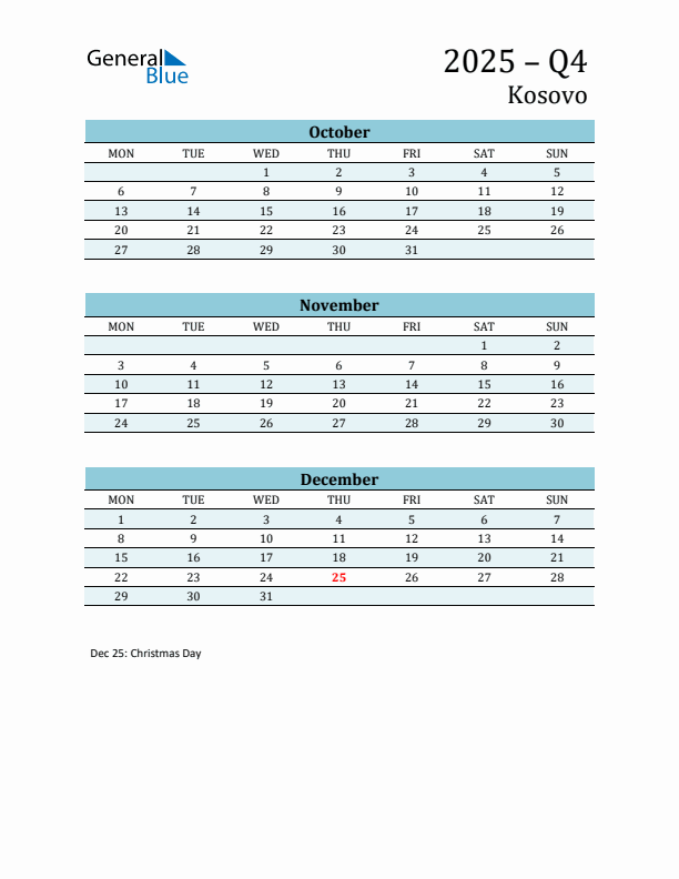 Three-Month Planner for Q4 2025 with Holidays - Kosovo