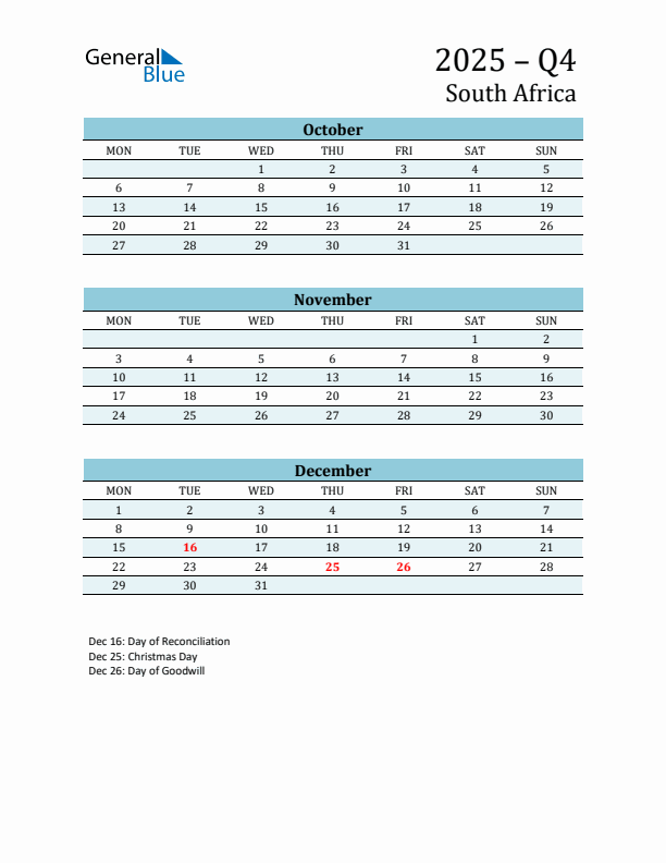 Three-Month Planner for Q4 2025 with Holidays - South Africa