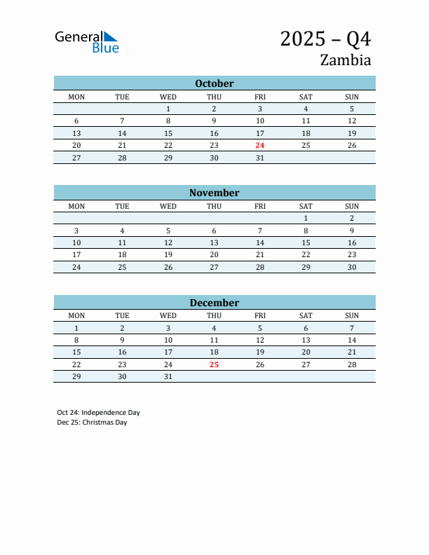 Three-Month Planner for Q4 2025 with Holidays - Zambia