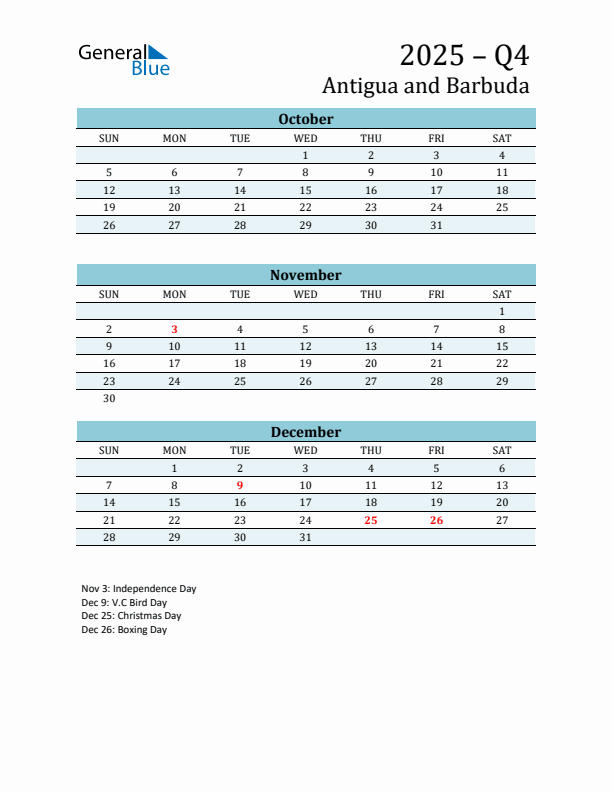 Three-Month Planner for Q4 2025 with Holidays - Antigua and Barbuda